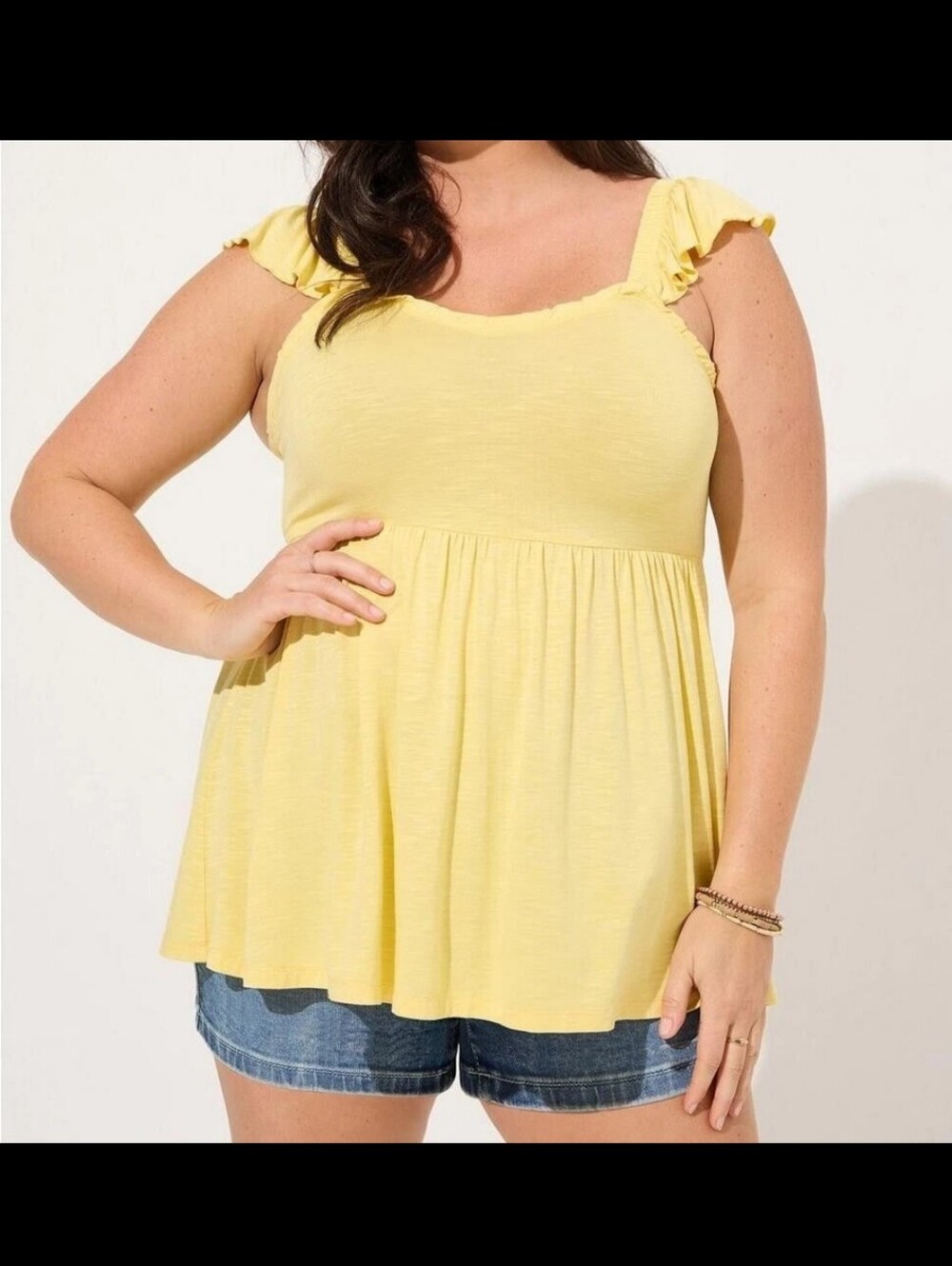 Yellow Ruffle Strap Babydoll Tank Top - Women's